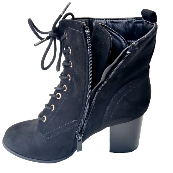 Brinley Co Birdie Combat Boots 6.5 Black Faux Suede Chunky Heel Lace-Up Mid-Calf - Picture 5 of 7